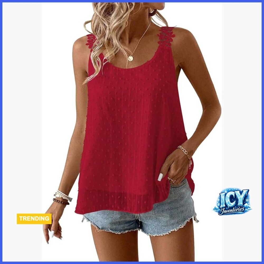Polyester Sleeveless Tank Top with Crew Neck and Lace Straps